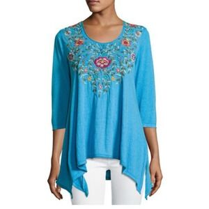 Johnny Was NWT Tuscany 3/4 Sleeve Trapeze Tunic Blue Floral Embroidery Sz S Boho